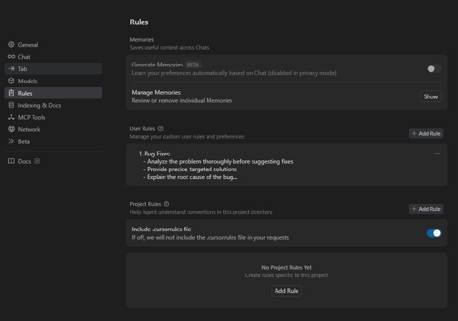 Screenshot of Cursor AI rules settings screen
